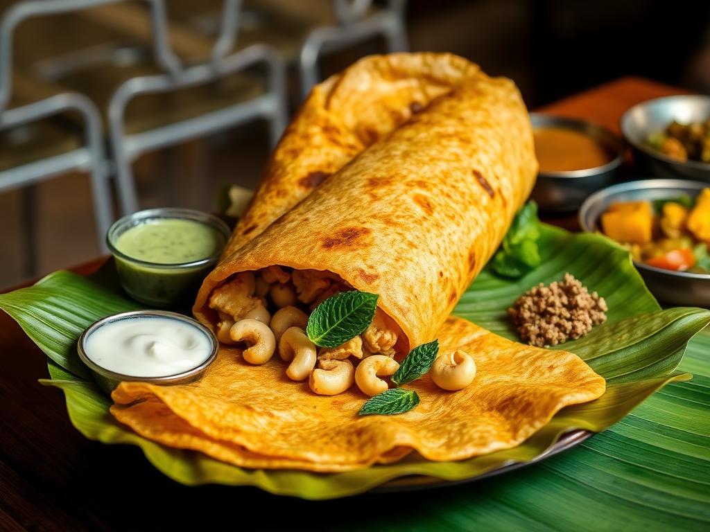 Hyderabadi Dosa filled with potato, cashews, chicken and pudina